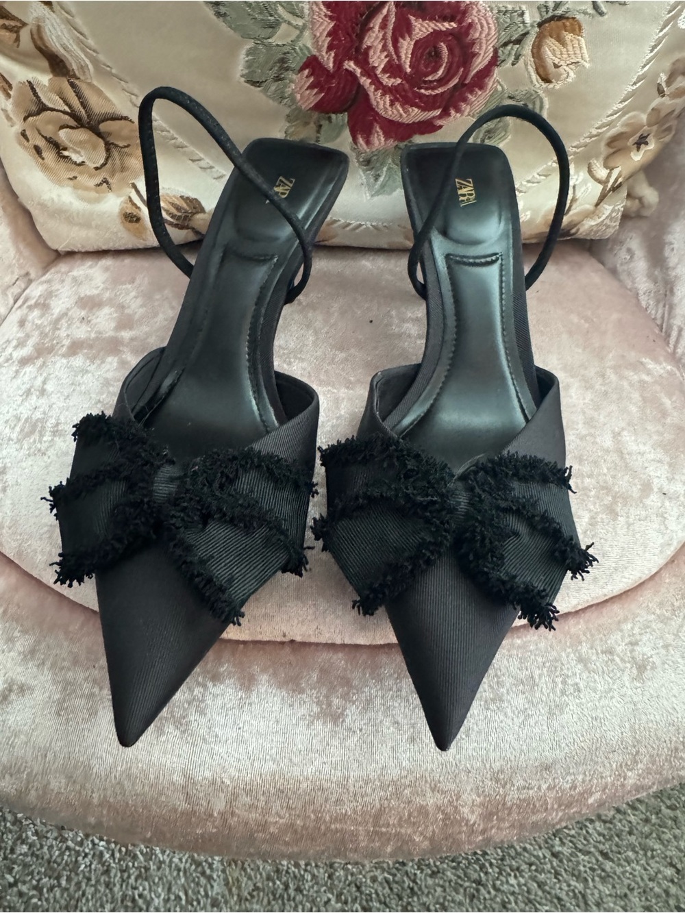 Zara Black Pointed Bow Slingback Heels with Frayed Trim